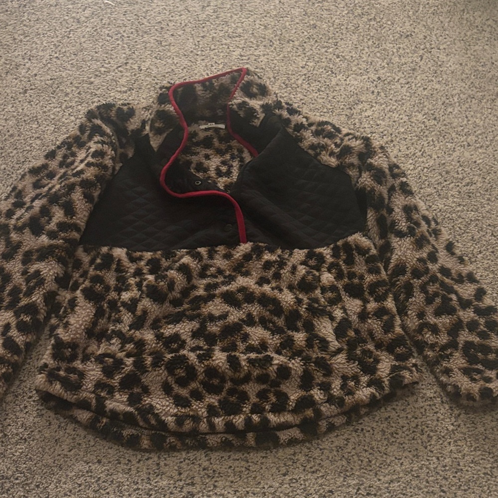Leopard Print Fleece Pullover with Black Accents
